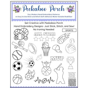 Imagem de Padrão de bordado esportivo, 20 peças, divertido, design moderno, transferências em bastão e costura, papel estabilizador de costura solúvel em água para kit de bordado à mão, projetos de arte de