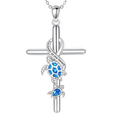 Imagem de Colar com pingente de cruz, tartarugas marinhas, presente para ocasiões especiais, prata inoxidável - "Forever in my heart", Adjustable, Liga de aço, Sem Pedra Preciosa