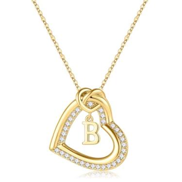 Imagem de Turandoss Colares femininos com inicial de coração – Colar delicado banhado a ouro 14K com zircônia cúbica com inicial de coração e letra A-Z para mulheres, meninas, presentes de aniversário e Natal