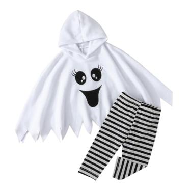 Imagem de Fantasia de Halloween para bebês meninos meninas fantasia de fantasma branco com capuz top preto calça comprida vestido fantasia cosplay roupas (fantasma-2, 2-3 anos)