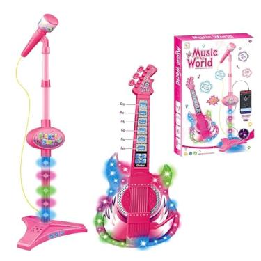 Imagem de Brinquedo para guitarra elétrica e microfone, suporte para guitarra e microfone infantil | Aprendendo brinquedo de instrumento musical - Conjunto de guitarra musical elétrica brinquedo com música e