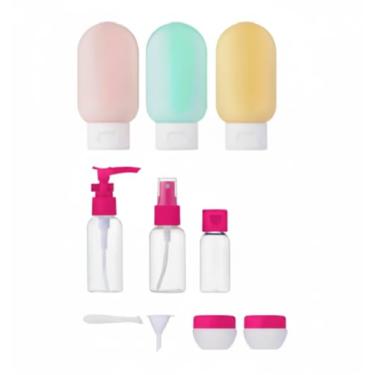 Imagem de Kit de Viagem com 10 Itens Frascos Potes Recarregáveis para Shampoo, Condicionador, Sabonete, Creme, Álcool em Gel, Maquiagem, Cosméticos, Com Necessaire transparente (Pink)