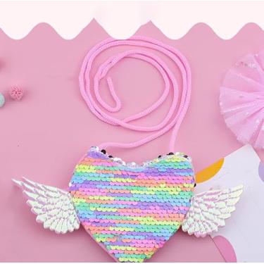 Imagem de Bolsa transversal de coração de lantejoulas, bolsa com design de asa brilhante com alça ajustável, mini bolsa de ombro para ocasiões especiais, Arco-íris, Bolsas de mão