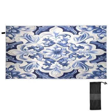 Imagem de ATTX Toalha de praia azul vintage azulejos 79 x 188 cm - Cobertor de microfibra leve de secagem rápida resistente à areia para piscina, ioga, academia e viagens | Esportes de banho de natação multiuso