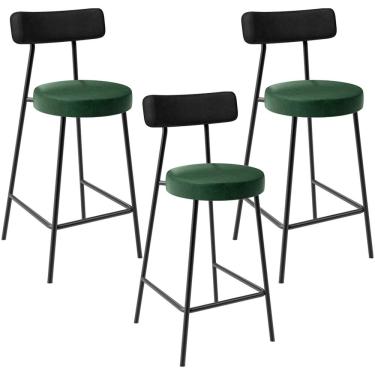 Imagem de Kit 03 Banquetas Baixa Cozinha Sala Jantar Bancada Milão L02 Couríssimo Preto Verde - Lyam Decor