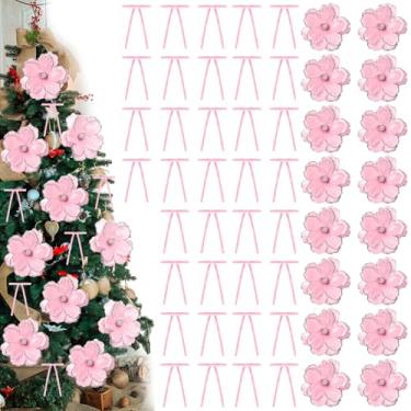 Imagem de Solsew 52 peças de flores artificiais de Natal com glitter e laços de veludo para árvore de Natal 25 cm grandes flores artificiais de magnólia para árvore de Natal, palitos florais para guirlanda de