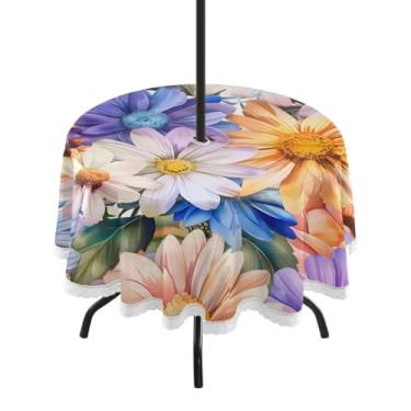 Imagem de CEBUGI Toalha de mesa redonda para uso ao ar livre, colorida, floral, impermeável, com furo Umberlla, capa de mesa lavável para pátio, cozinha, sala de jantar, 152 cm
