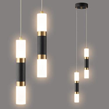 Imagem de Luminária pendente moderna mini para ilha de cozinha com LED dimerizável, luminária pendente pequena para quarto com 2 lâmpadas em formato de lanterna (preto e dourado)