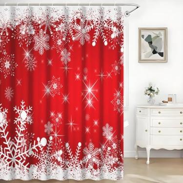 Imagem de TTQYFNM Cortina de chuveiro de Natal vermelha e branca flocos de neve inverno país das maravilhas feliz natal cortina de chuveiro para banheiro decoração de banheira tecido lavável impermeável