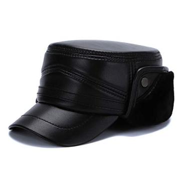 Imagem de Chapéu de inverno masculino de couro chapéu de caça com aba de orelha, chapéu de caça militar com abas de orelha, bonés planos para esportes ao ar livre (preto-GG (57-58 cm)