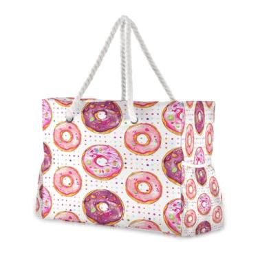 Imagem de Wassud Bolsa de praia rosa donuts grandes bolsas de praia para mulheres, à prova d'água, à prova de areia, bolsa de viagem com zíper e bolso para piscina, academia, acampamento