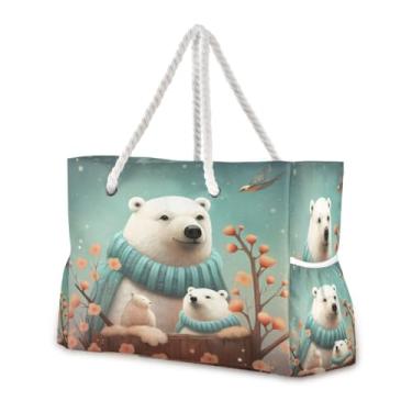 Imagem de Wassud Bolsa de praia fofa urso polar grande bolsa de praia para mulheres, impermeável, à prova de areia, bolsa de viagem com zíper e bolso para piscina, academia, acampamento