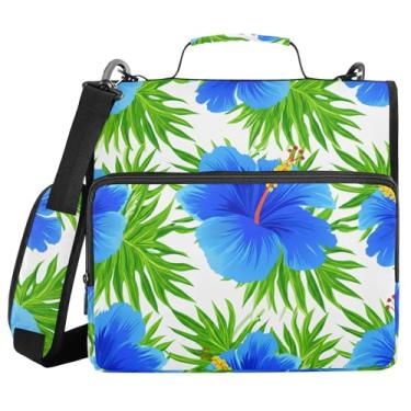 Imagem de Burbuja Pasta de fichário de hibisco azul com zíper com 3 anéis com lixa expansível e alça de ombro para laptop de 13 polegadas, vários bolsos para trabalho de escritório