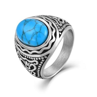 Imagem de Wisbal Anel de motociclista oval de aço inoxidável sintético turquesa e olho de tigre para homens, tamanho 7-13, 13, Aço inoxidável, Turquesa