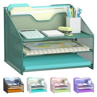 Imagem de Samstar Organizador de arquivos de mesa verde, suporte de pasta de arquivo de carta de malha com 3 bandejas de papel e 2 seções verticais verticais, para material de escritório, acessórios de mesa e