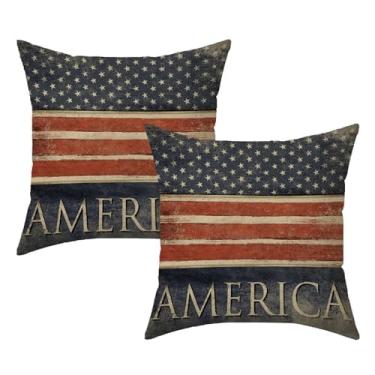 Imagem de Capas de almofada vintage com bandeira americana 50 x 50 cm, conjunto de 2, 4 de julho, Dia da Independência 1776, fronhas decorativas patrióticas dos EUA para decoração de sofá-cama