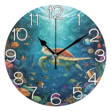 Imagem de GAIGEO Tartaruga marinha subaquática colorida relógio de parede analógico decorativo quarto cozinha relógio redondo sem tique-taque silencioso, decoração de parede moderna para sala de estar, 25 cm