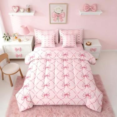 Imagem de Erosebridal Conjunto de cama King com laço rosa e laço feminino, 7 peças, com lençóis, gravata borboleta e nó de borboleta em uma bolsa, conjunto de cama estética, desenho geométrico, princesa