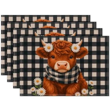 Imagem de HOMETITUTE Jogo americano de primavera, conjunto de 4 tapetes de mesa de vaca Highland de 30,5 x 45,7 cm para jantar, roupa de cama, decoração de cozinha de fazenda, tapete de mesa para uso ao ar