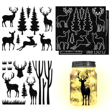 Imagem de 4 peças de papel silhueta, estampa de cervo e árvore com tema floresta, decalques de recortes de PVC à prova d'água, decoração de iluminação autoadesiva para telefones celulares, scrapbooks, paredes