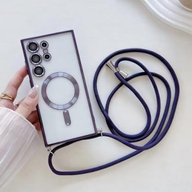 Imagem de Capa transparente com cordão para Samsung S24 S23 S22 S21 Ultra Plus, capa magnética com cordão para carregamento sem fio, roxa escura, para S24 Ultra