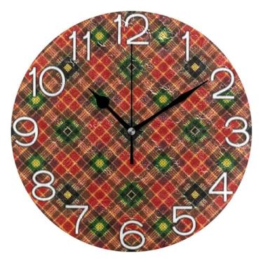 Imagem de Relógio de parede decorativo tradicional vermelho xadrez verde dourado analógico escritório cozinha relógio divertido alimentado por bateria, decoração de parede de meados do século sala de estar, 25