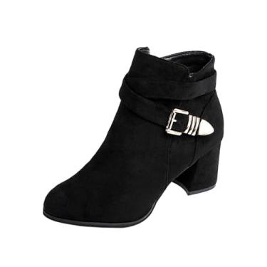 Imagem de Botas curtas femininas casuais plus size cor sólida bico redondo zíper lateral cinto fivela salto médio bota tornozelo, Preto, 36