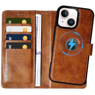 Imagem de Capa de couro PU 2 em 1 para iPhone 14 Plus/15 Plus, capa carteira removível com suporte para cartão, capa flip removível com bloqueio RFID, suporte à prova de choque (compatível com MagSafe) marrom