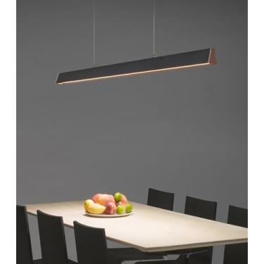 Imagem de Luminária pendente LED para mesa de jantar, com design linear e dimerizável, controle remoto e altura ajustável. Ideal para cozinha, sala de jantar e escritório (110 cm).