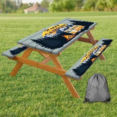 Imagem de MDUKOIN Capa de mesa de piquenique Happy Camper RV com capas de banco, retrô, de madeira, impermeável, para acampamento, piquenique, toalha de mesa para uso ao ar livre com bolsa com cordão, 182 cm