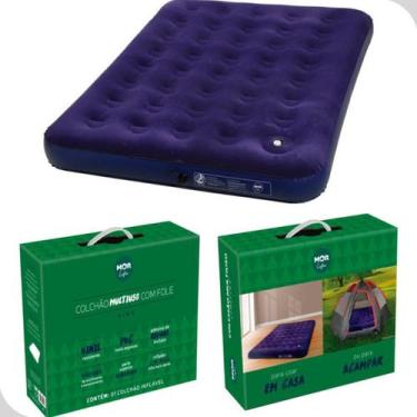 Imagem de Colchão Inflável Casal Mor Aveludado Azul com Inflador de Pé Camping