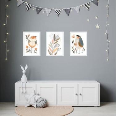 Imagem de Kit 3 Quadros Quarto Infantil Tema Passarinhos E Flores
