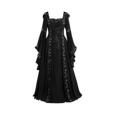 Imagem de Vestido retrô medieval europeu e americano com capuz, gola quadrada, m