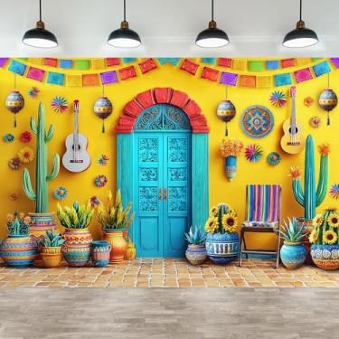 Imagem de Pano de fundo com faixa de fotografia mexicana, tema de casa de cabana, decoração de festa infantil, faixa de festa de aniversário infantil, fundo amarelo, guitarras, cerâmica, cactos, decoração