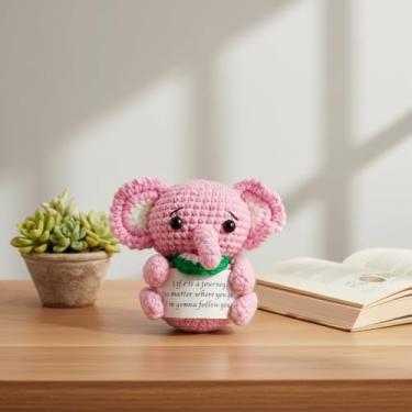 Imagem de Elefante rosa positivo de crochê feito à mão com cartão - Animal de pelúcia de apoio emocional, presente motivacional para amigos, colegas de trabalho, professores