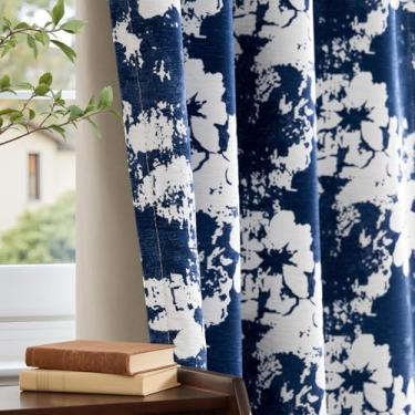 Imagem de Cortinas 100% blackout azul-marinho floral, vintage, 246 cm de espessura, conjunto de 2 painéis para sala de estar, isolamento térmico, chenille, cortinas de textura escurecimento do quarto, cortinas