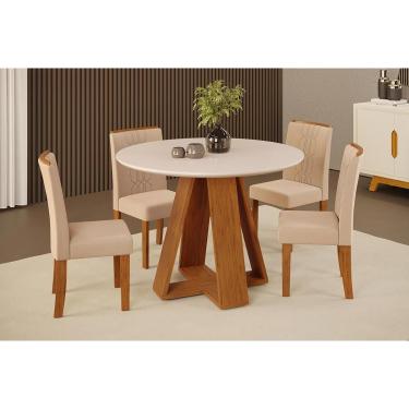 Imagem de Conjunto: Mesa de Cozinha Celeste c/ Tampo Madeirado c/ Vidro Redondo 103x103cm e 4 Cadeiras Zoe Freijo/Off White - Suede Creme - DJ Móveis