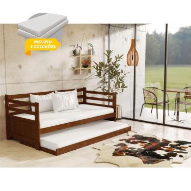 Imagem de Sofá Cama Rústico Madeira Maciça Enjoy Com Auxiliar E 2 Colchões - Castanho - Cor: Marrom