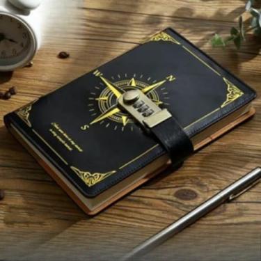 Imagem de Caderno Pessoal com Trava de Senha Ajustável, Caderneta Capa Dura para Anotações, Caderno A5 para Estudos, Trabalho e Organização Diária (Bússola Preto)