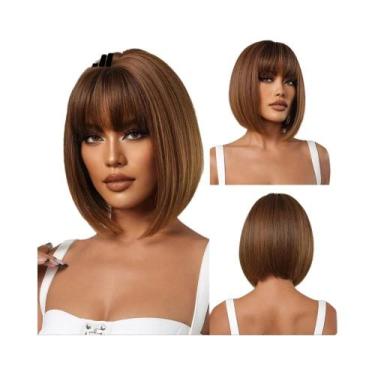 Imagem de Peruca Sintética Marrom Castanho Com Franja Central E Mechas Vermelho 