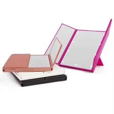 Imagem de Espelho Led Maquiagem Bolsa Triplo Aumento Dobravel Portatil Iluminacao Mesa Bancada