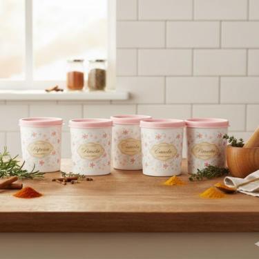Imagem de Porta tempero condimento kit 5 potes plastico 200ml floral multiuso or