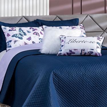 Imagem de Kit Cobre Leito Colcha Casal Padrão Liberte-se Azul Marinho/lilás Dupla Face Com Almofadas 07 Peças