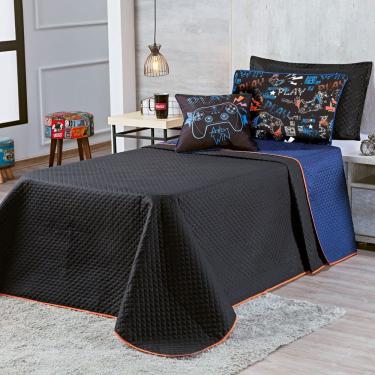 Imagem de Kit Cobre Leito Colcha Casal Padrão Game Win Preto/azul Marinho Dupla Face Com Almofada...