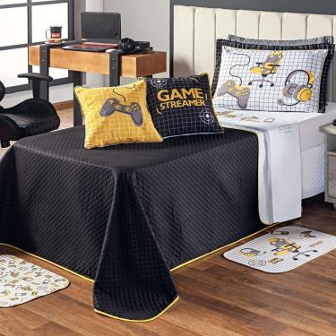 Imagem de Kit Cobre Leito Colcha Solteiro Game Streamer Amarelo Dupla Face Com Almofadas Estampad...