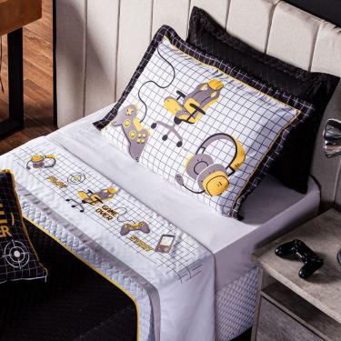 Imagem de Jogo De Cama Lençol Solteiro Game Streamer Branco Com Fronha E Virol Estampados 03 Peças - Tecido Percal 200 Fios