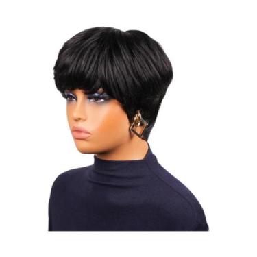 Imagem de Peruca Preta Pixie Cut De Cabelo Humano Com Franja, Liso Brasileiro, P