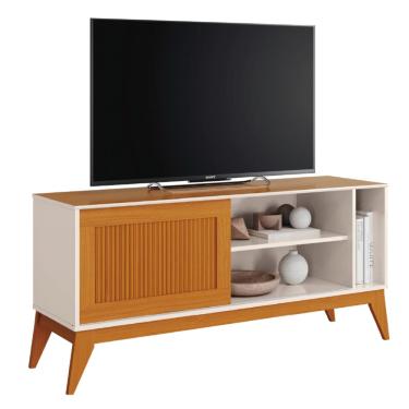 Imagem de Rack Bancada Para TV Até 55 Polegadas 1,36m Ripado Impressão 3D 1 Porta Off White/Cedro...