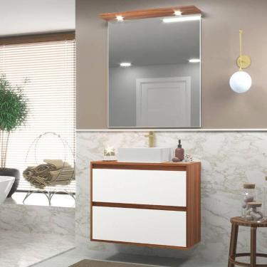 Imagem de Gabinete Para Banheiro Com Cuba E Espelheira Com Led 80cm Mdf Freijo Com Branco Dubai -...