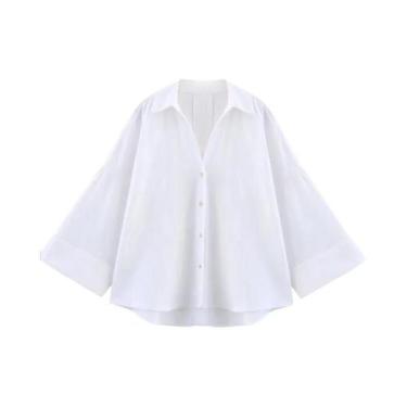 Imagem de Camisa Oversized De Linho Amarelo Para Mulheres, Manga Larga, Casual, 